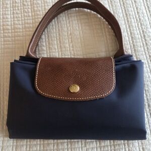 Longchamp Navy Shoulder Bag with Brown Leather Trim